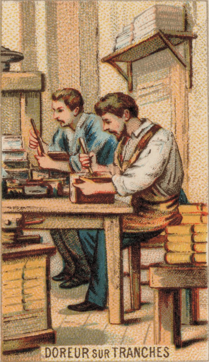 Mannen vergulden boeken met goud (chromolitho) door French School