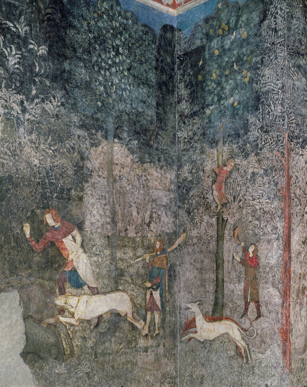 Mannen jagen met honden, detail uit La Chambre du Cerf (Herten Kamer) 1343 door French School