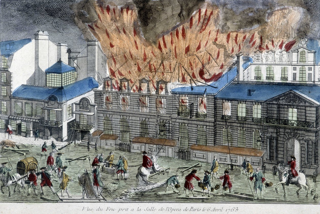 Mannen proberen het vuur van de Parijse opera te blussen in 1763. door French School