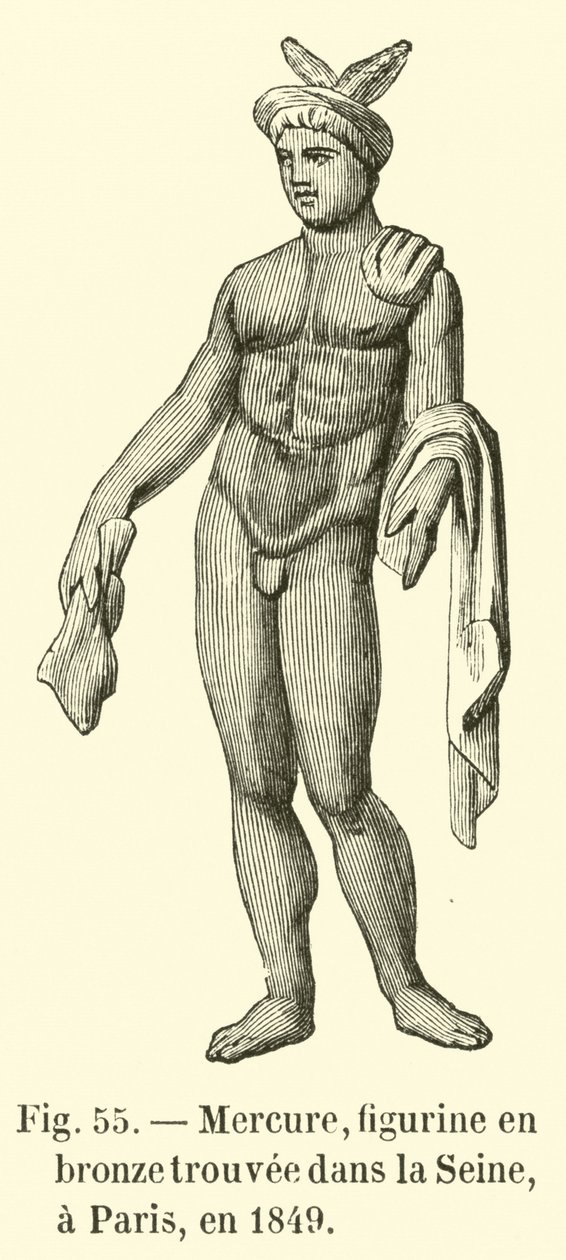 Mercurius, bronzen beeldje gevonden in de Seine in Parijs in 1849 (gravure) door French School