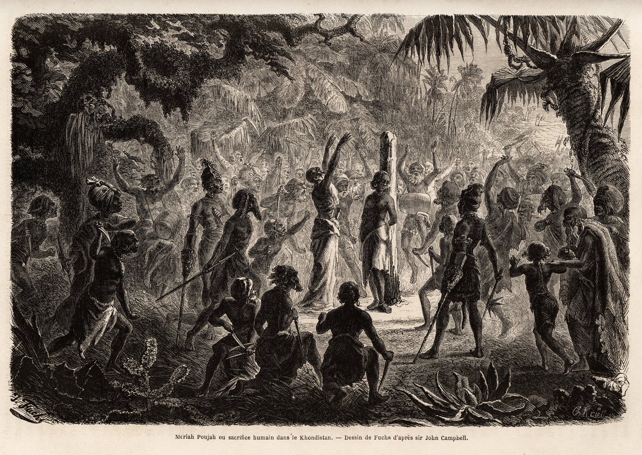 Meriah Pujah of mensenoffer, Khondistan (Engelse Indië). Tekening door Fuchs, ter illustratie van Major John Campbell