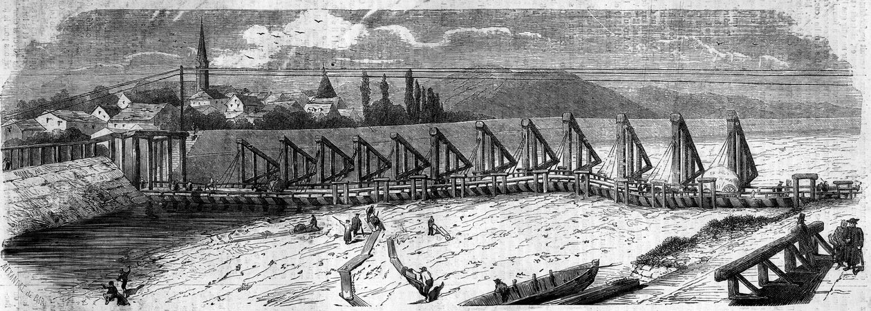 Meteorologisch fenomeen: uitdroging van de Rijn in 1858. Uitzicht op de Kehl-brug (Duitsland), stroomafwaarts genomen vanaf de Franse kust. Gravure in 