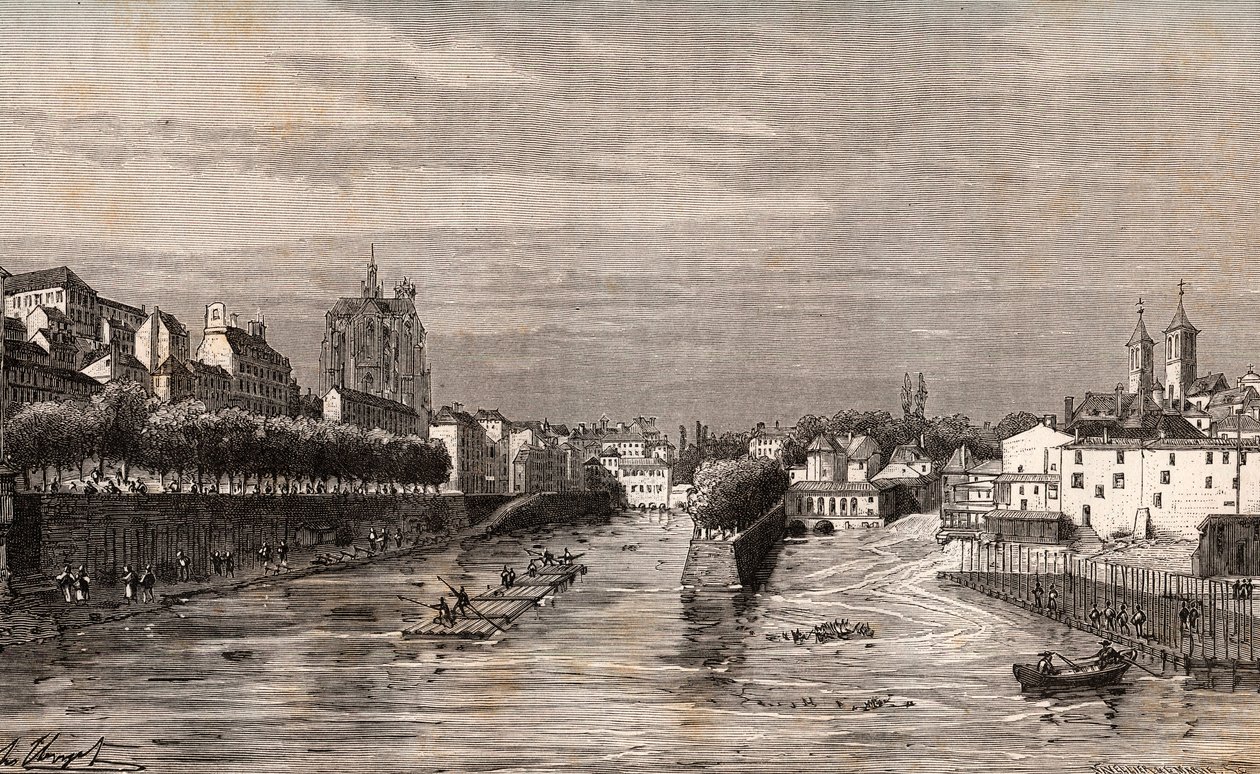 Metz - uitzicht op de haven Saint-Georges - Moselle - gravure in 