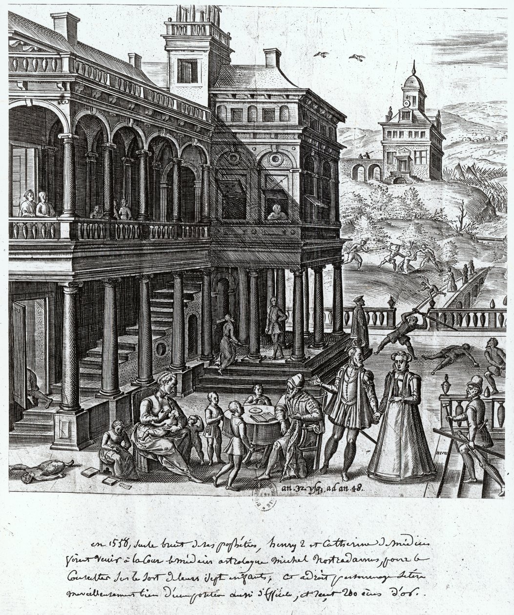 Michel de Nostradame (1503-66) wordt geraadpleegd over het lot van de zeven kinderen van Catherine de Medici (1519-89) en Henri II (1519-59) 1548 door French School