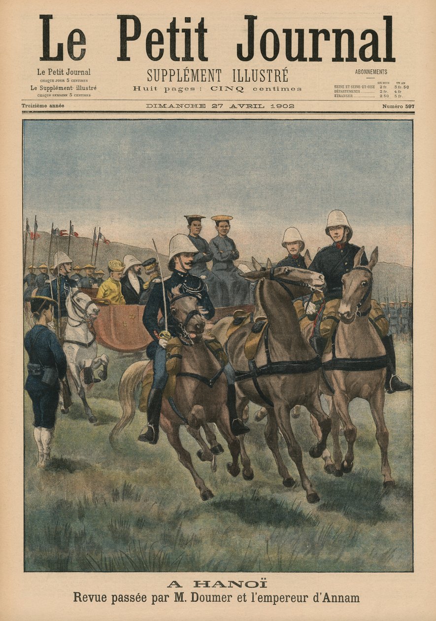 Militaire parade door Paul Doumer, gouverneur-generaal van Frans Indochina, en keizer van Annam, Thanh Thai, in Hanoi, voorpagina illustratie uit Le Petit Journal, Supplement Illustre, 27 april 1902 door French School