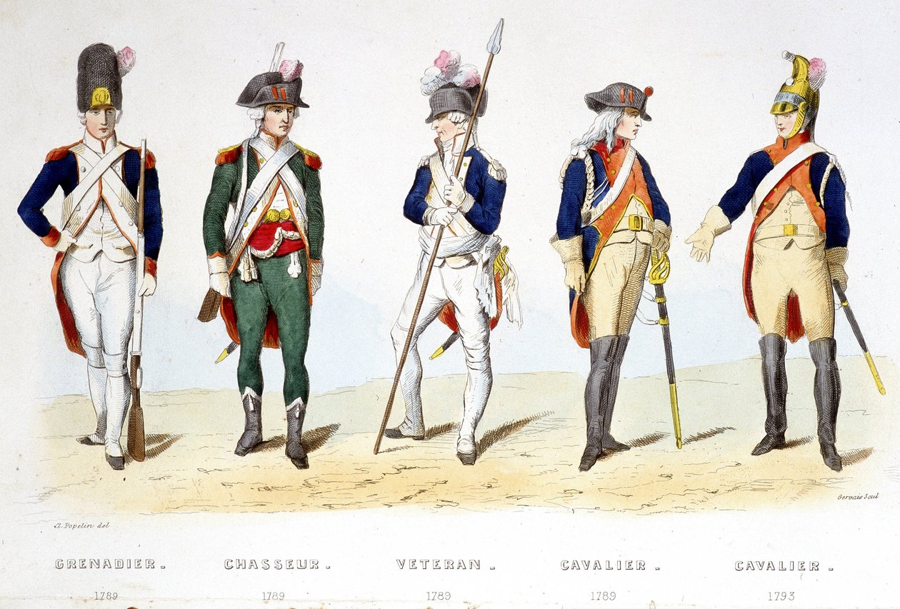 Militaire uniformen onder de revolutie 1789: grenadier (1789), jager (1789), veteraan (1789), ruiter (1789), ruiter (1793) - in 