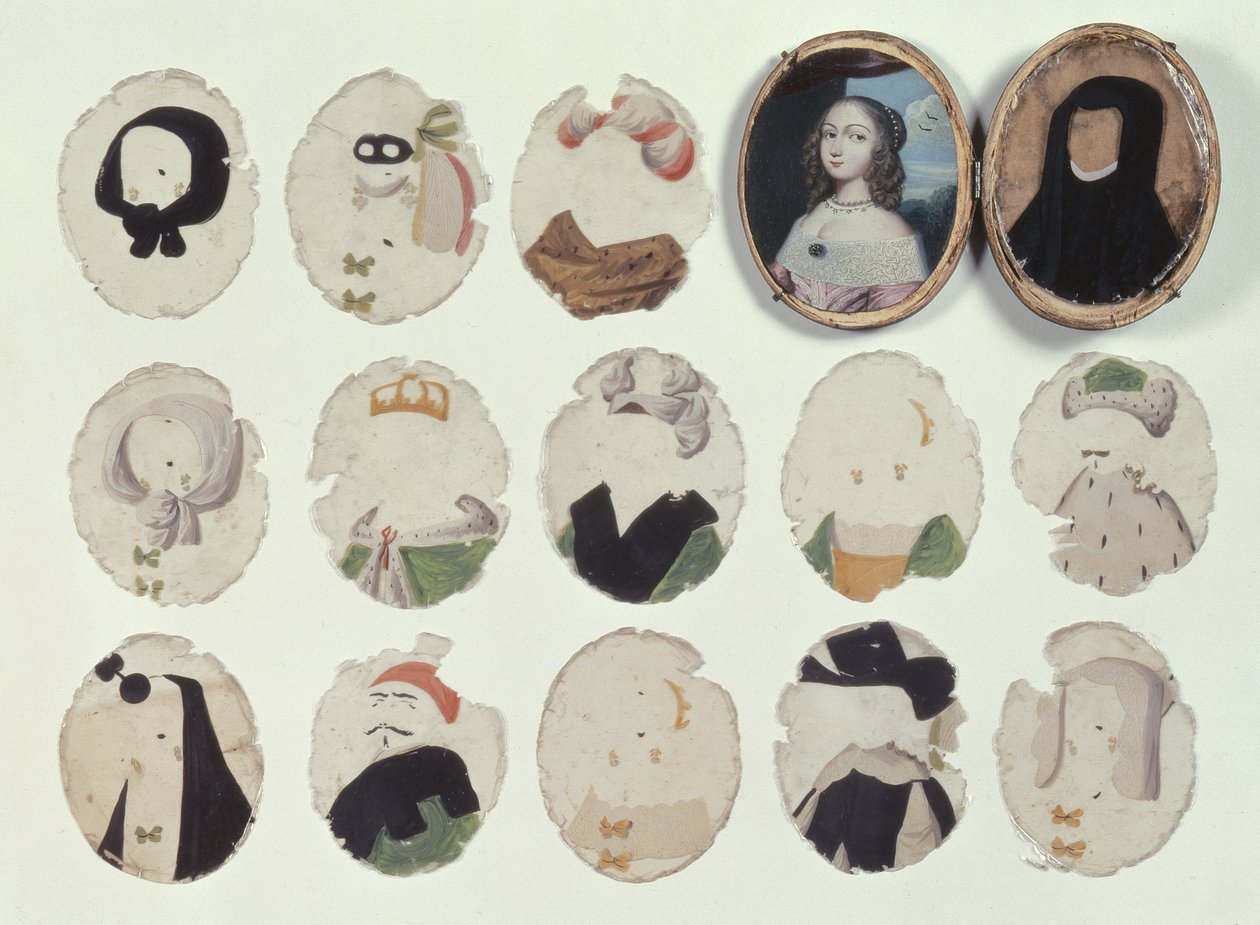 Miniatuur voor transformaties bestaande uit een kistje met geschilderd portret van een jong meisje en geschilderde mica strips die samen passen om het portret te veranderen (ivoor, mica & verf) door French School