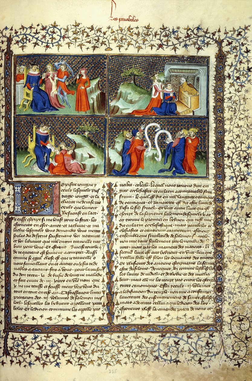 Miniatuur die het oordeel van de moeders, de aankomst van de koningin van Sheba, Salomo die onderwijst, en de discussie van de doktoren illustreert door French School