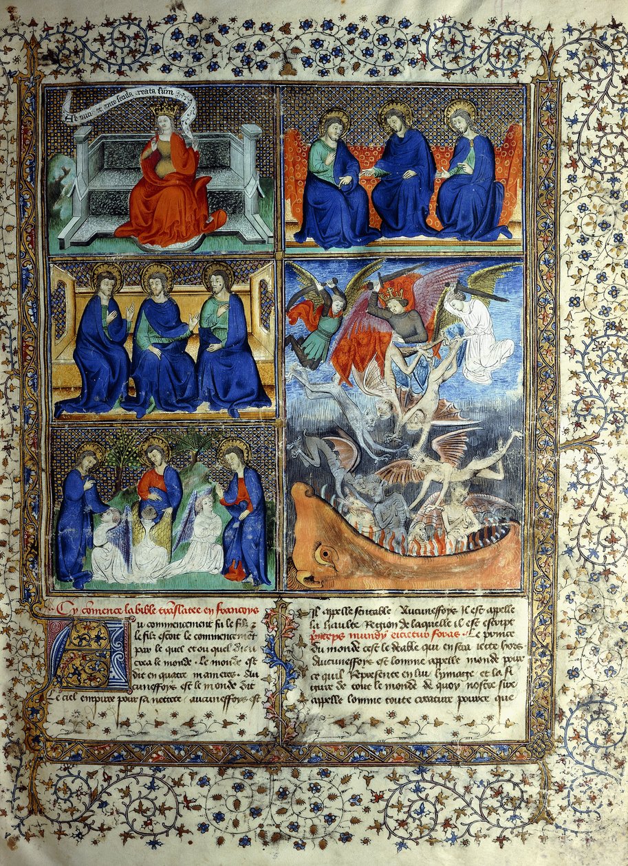 Miniatuur die het Koninkrijk der Hemelen voor de schepping voorstelt: Sapientia, de Drie-eenheid, en de Verdrijving van Lucifer uit de Hemel, c.1410 door French School