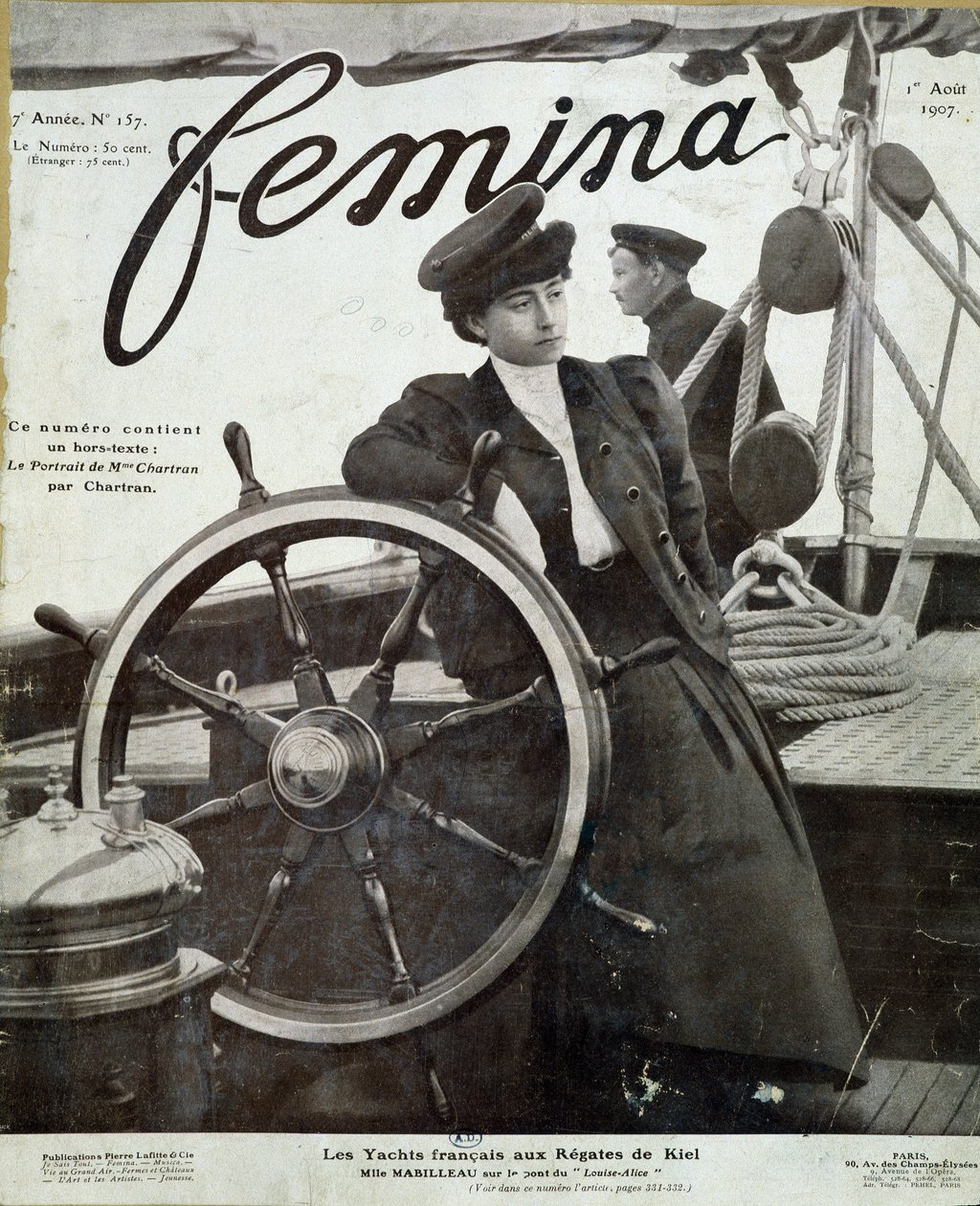 Miss Mabilleau op de brug van het jacht "Louise-Alice" tijdens de Kiel-regatta - in "Femina" van 01/08/1907 door French School