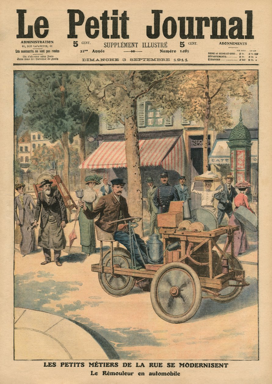 Modernisering van de straatberoepen, de messenslijper in zijn auto, illustratie uit 