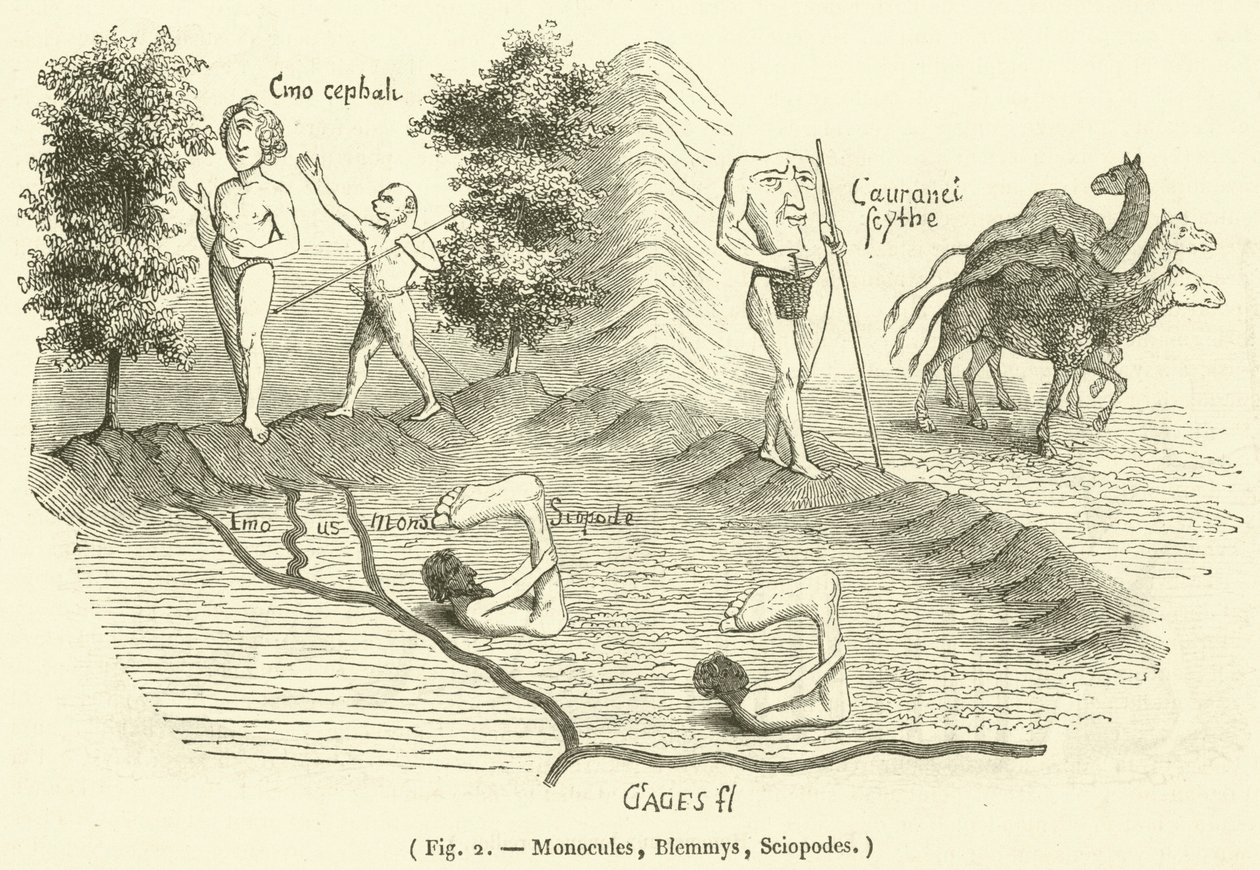 Monocules, Blemmys, Sciopodes (gravure) door French School