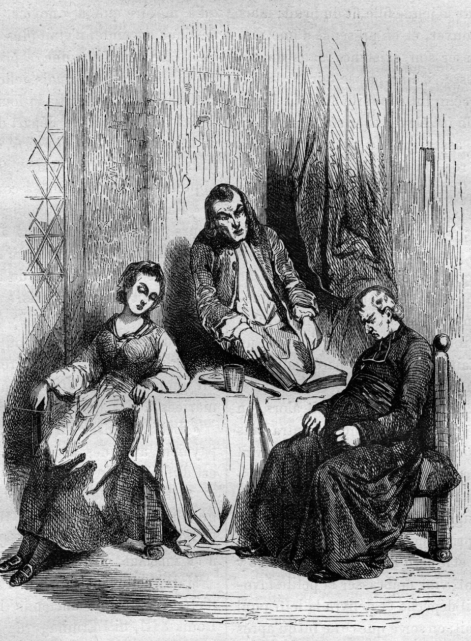 De heer De Breteuil, intendant van Limousin, controleert de parochieregisters die worden bijgehouden door Dubois, pastoor en toekomstige kardinaal. Gravure uit 