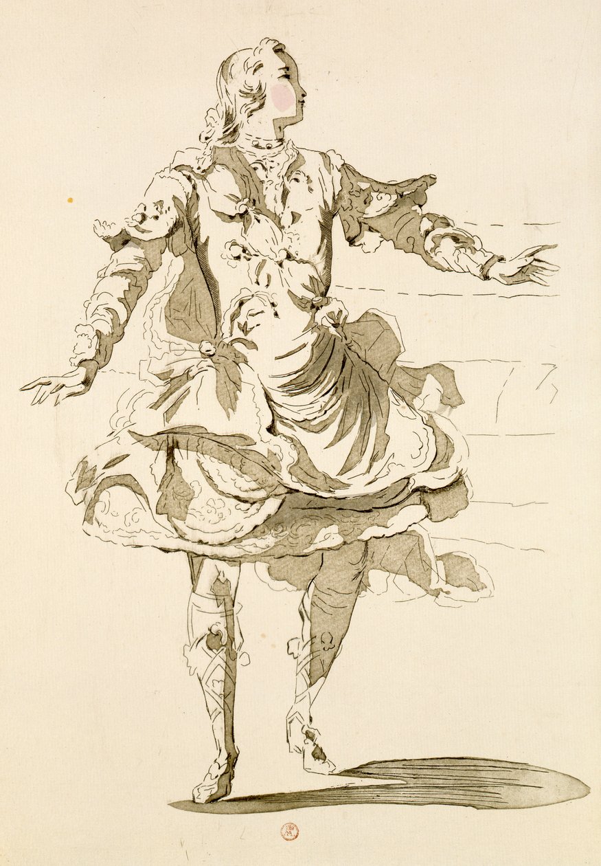 Monsieur Jeliotte als Pigmalion, in Pigmalion, een libretto door Lamotte, gecomponeerd door Jean-Philippe Rameau, 1748 (kleurgravure) door French School