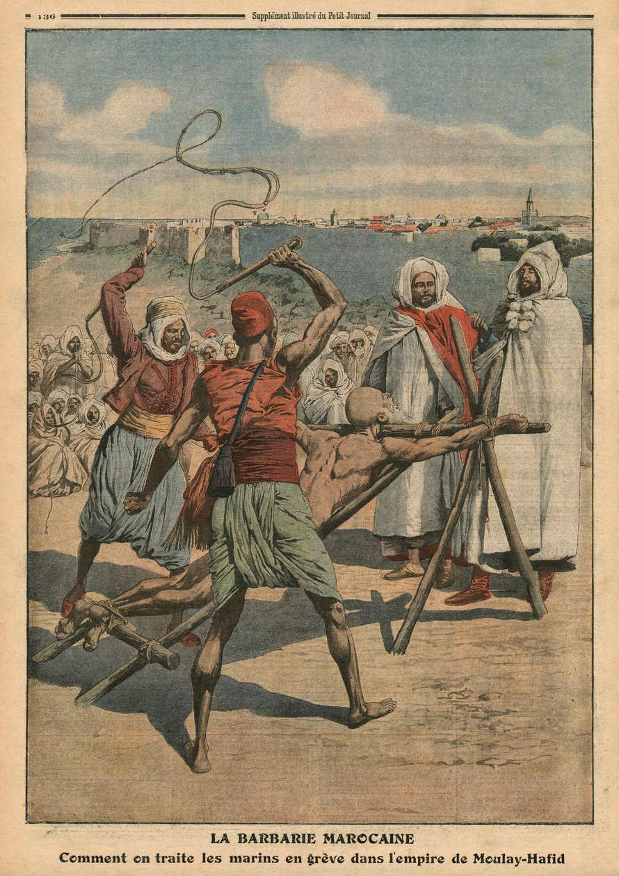 Marokkaanse wreedheid, hoe de stakende zeelieden worden behandeld, illustratie uit 