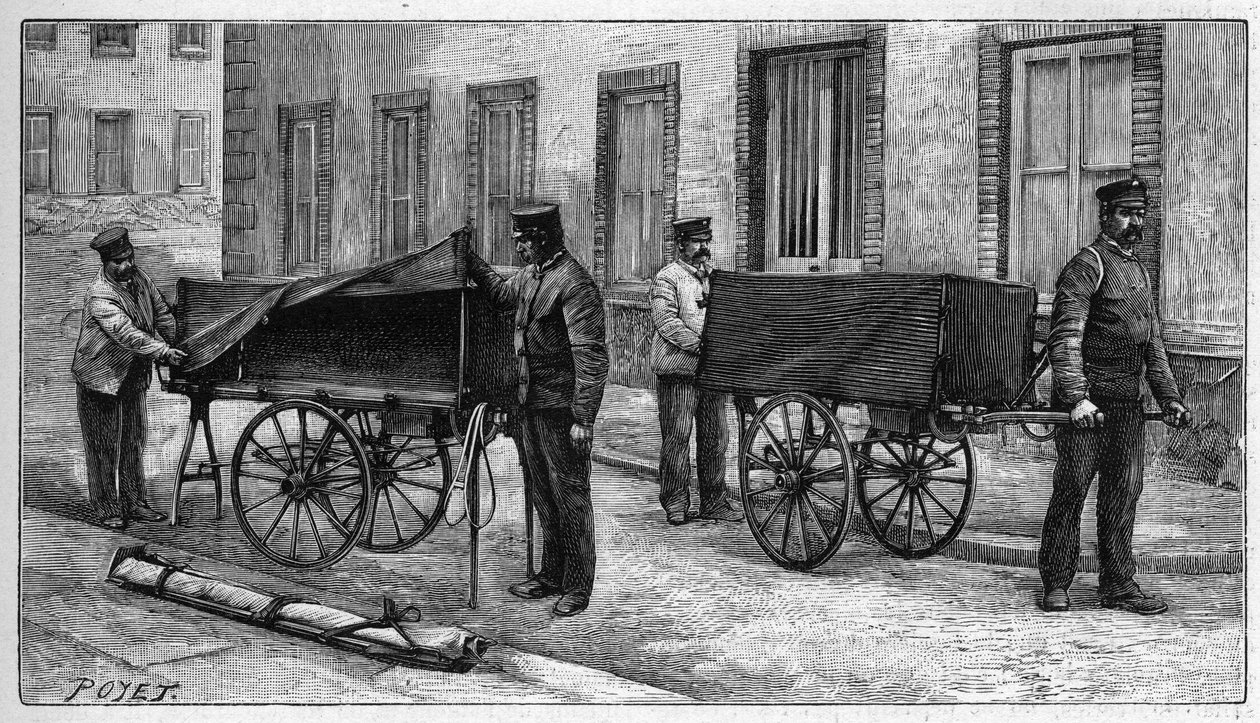 Mortuarium depots in Parijs: armwagens gebruikt om lichamen naar het depot te vervoeren. Gravure in 