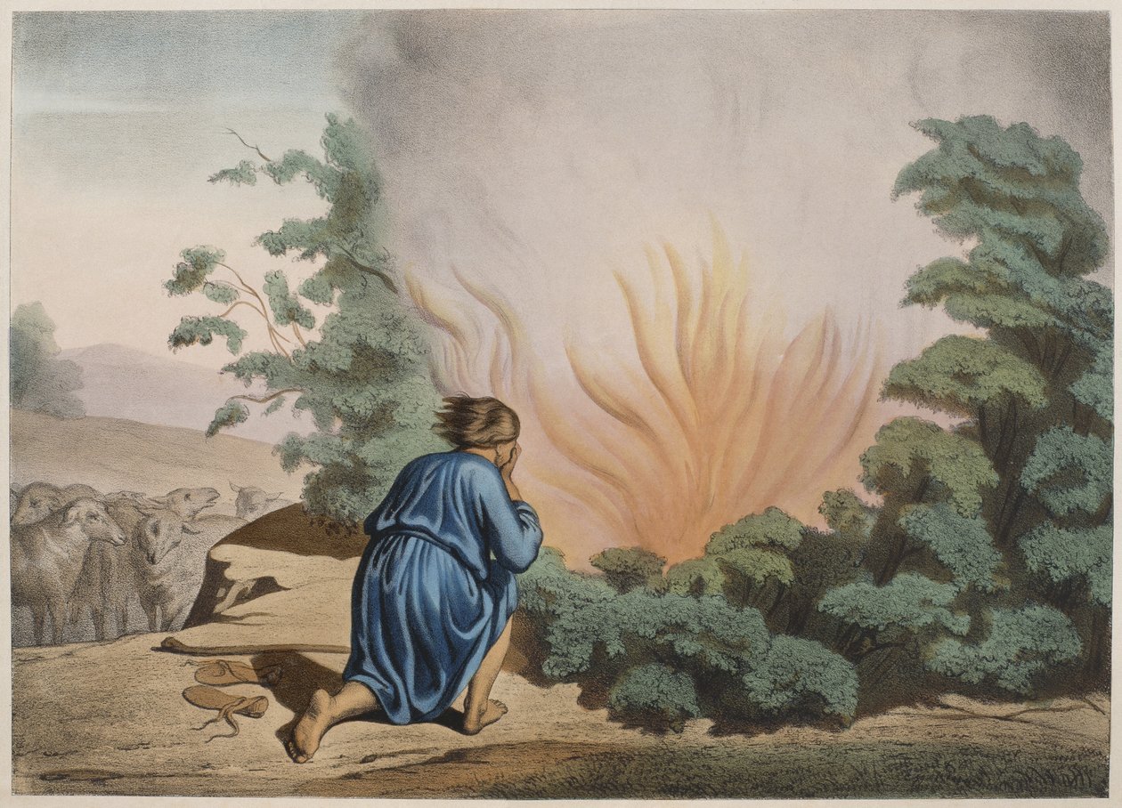 Mozes en de brandende braamstruik, illustratie uit een catechismus L