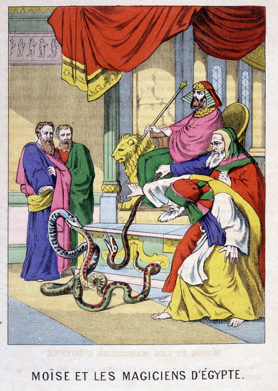 Mozes en de magiërs van Egypte - in Leven van Mozes, ed. Olivier Pinot, Epinal, eind 19e eeuw door French School