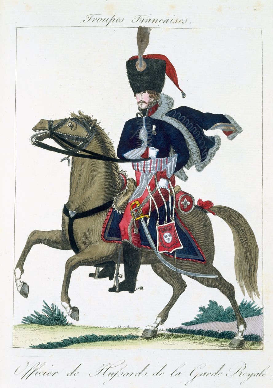 Bereden officier van de Huzaren van de Koninklijke Wacht, uit Troupes Francaises, uitgegeven bij Basset, Parijs door French School