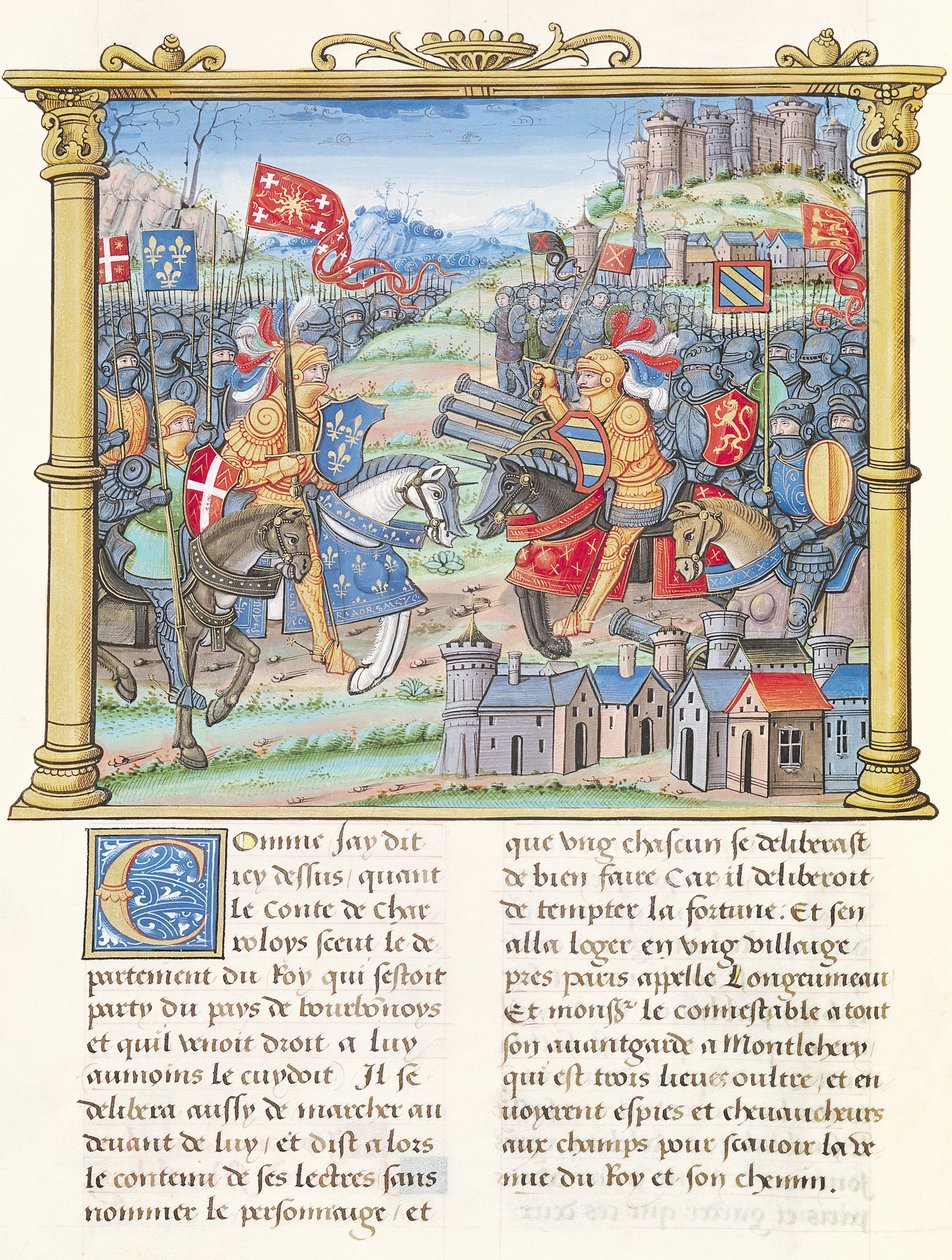 Slag bij Montlhery tijdens de Oorlog van de Liga van het Goede Publiek, 14 juli 1465, uit de Memoires van Philippe van Commines door French School