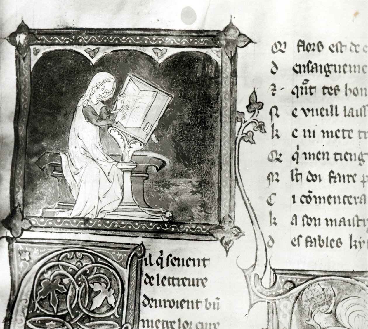 Marie de France (fl.12e eeuw) schrijvend, uit een Anthologie van Franse Gedichten, ca.1280-90 (detail) door French School