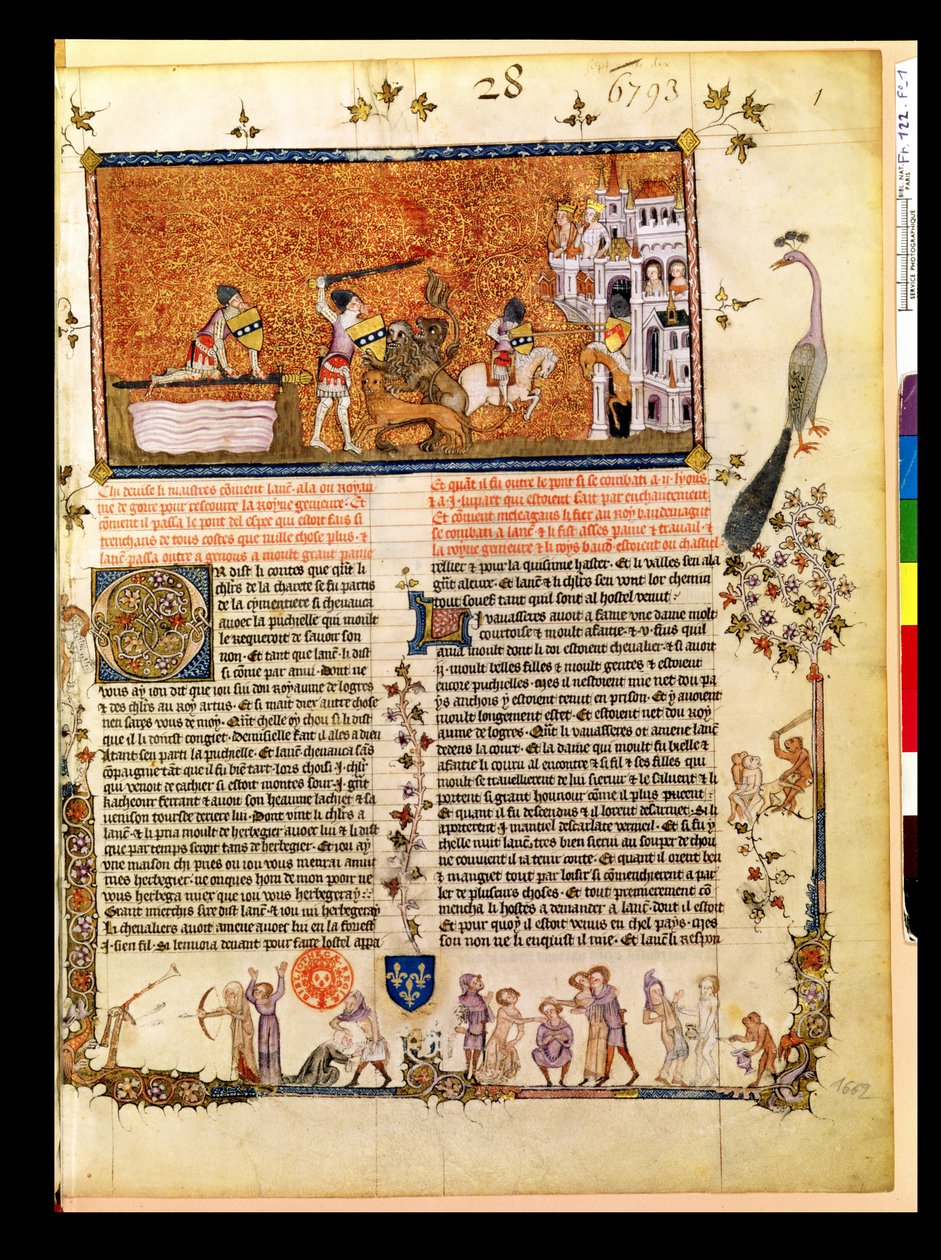 Sir Lancelot steekt de Zwaardbrug over, uit het Roman de Lancelot du Lac, 1344 door French School