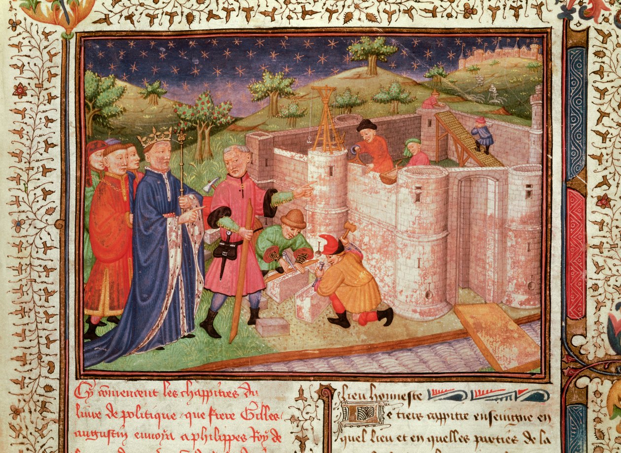 Ms 1015 fol.1 Bouw van een kasteel, uit Gouvernement des Rois et des Princes door French School