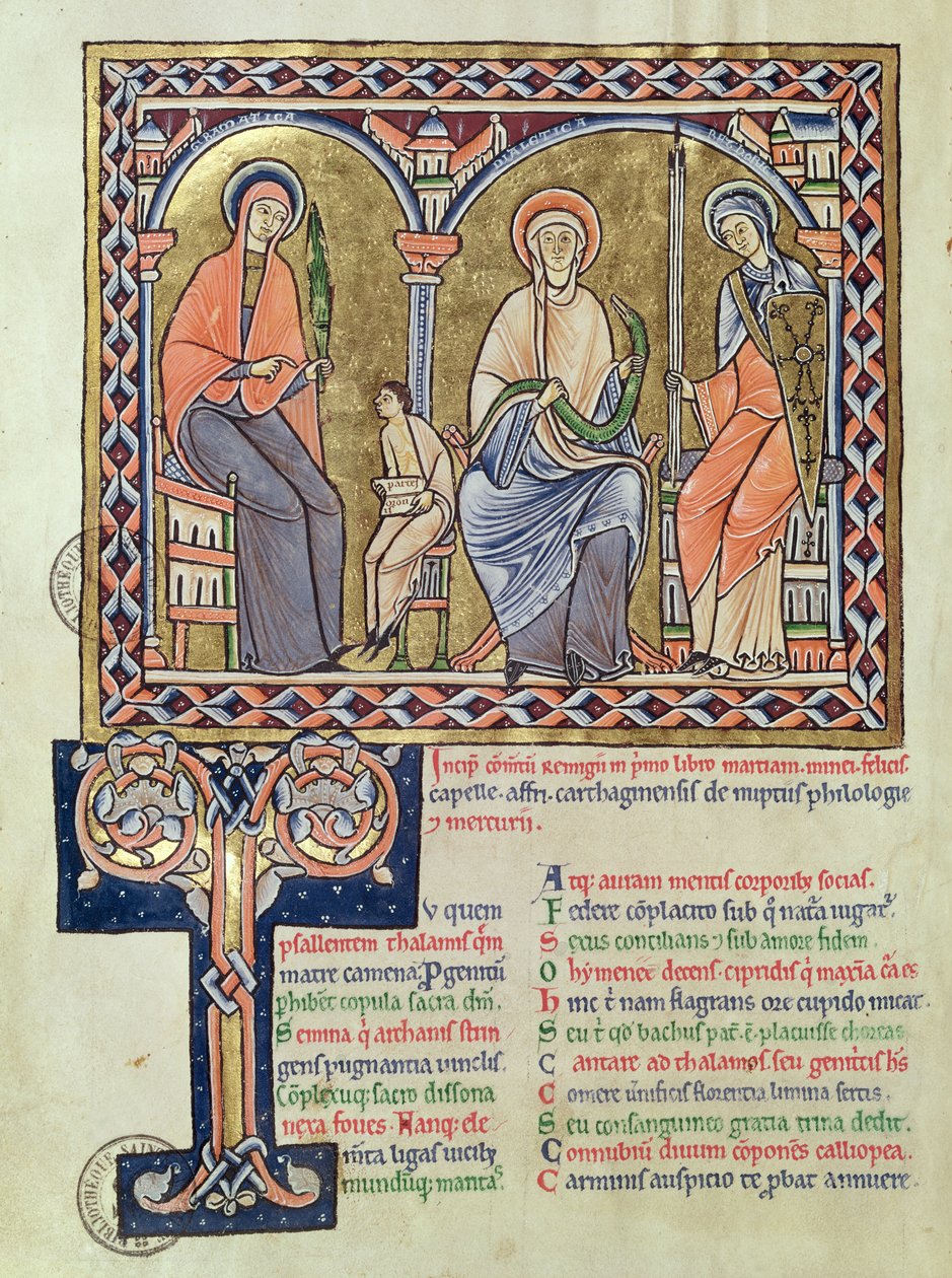 Grammatica, dialect en retoriek uit Satyricon door Martianus Capella, ca. 1200 door French School