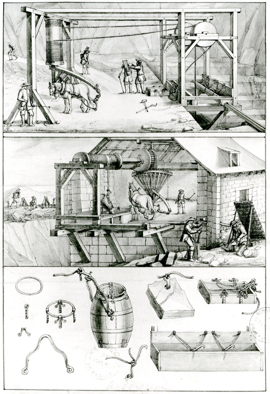 Ms 1064 fol.8 Een leisteengroeve, uit Descriptions des Arts et Metiers door French School
