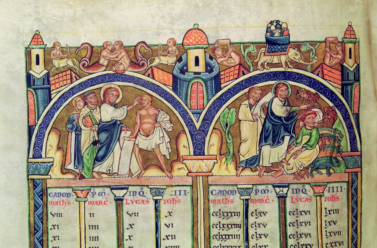 Ms 10 f.128v Canon van de Evangelisten, detail van Christus die de man met waterzucht geneest en demonen uitdrijft, uit een Latijnse Bijbel door French School