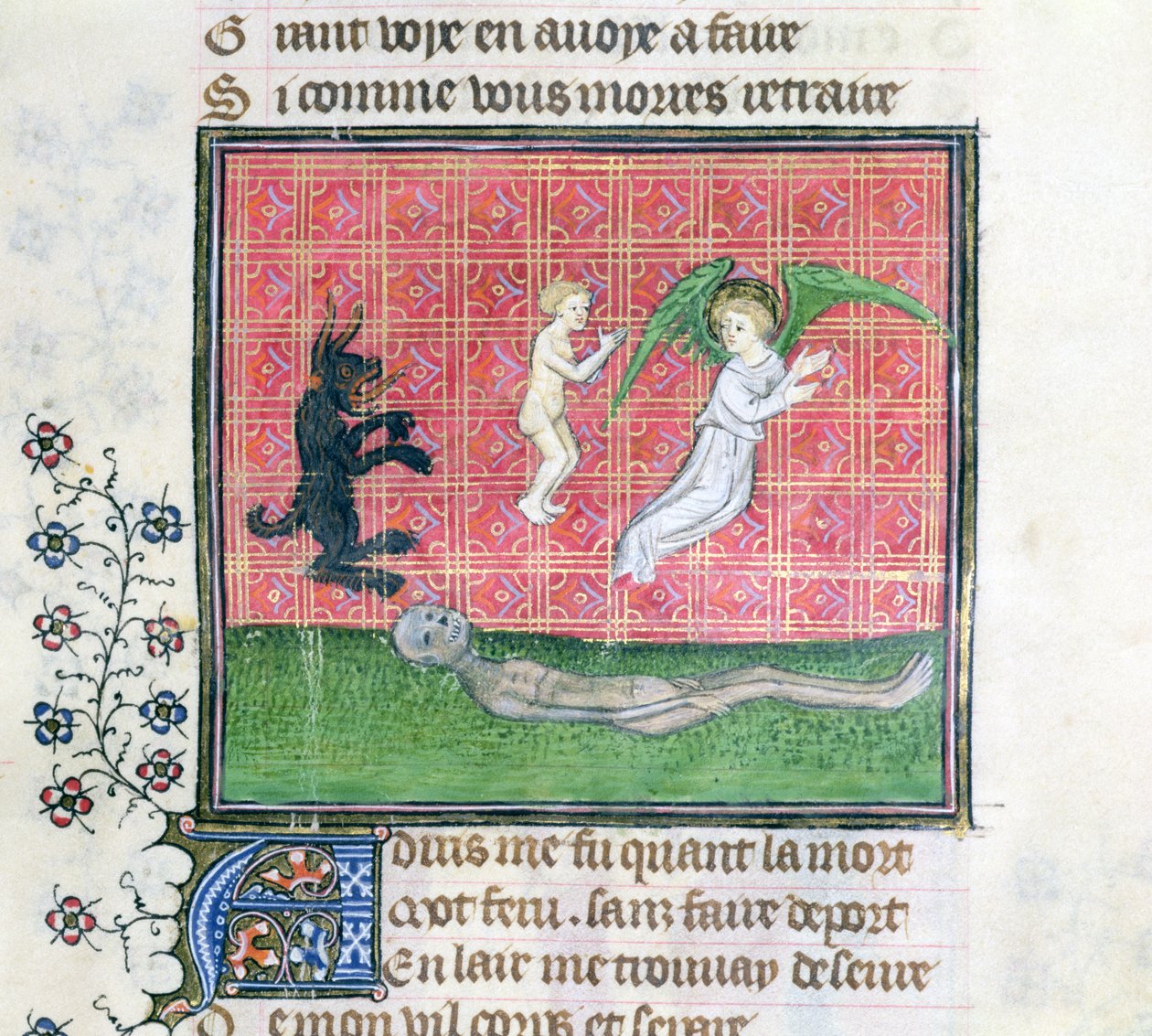 Ms 1130 Ziel verlaat het lichaam vergezeld door een engel, miniatuur uit Le Livre des Proprietes des Choses door Barthelemy l