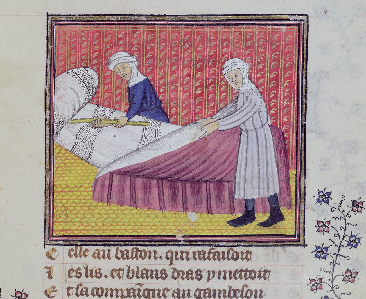 Ms 1130 fol.83r Kuisheid en armoede maken een bed, uit Le Roman des Trois Pelerinages door Guillaume de Digulleville door French School