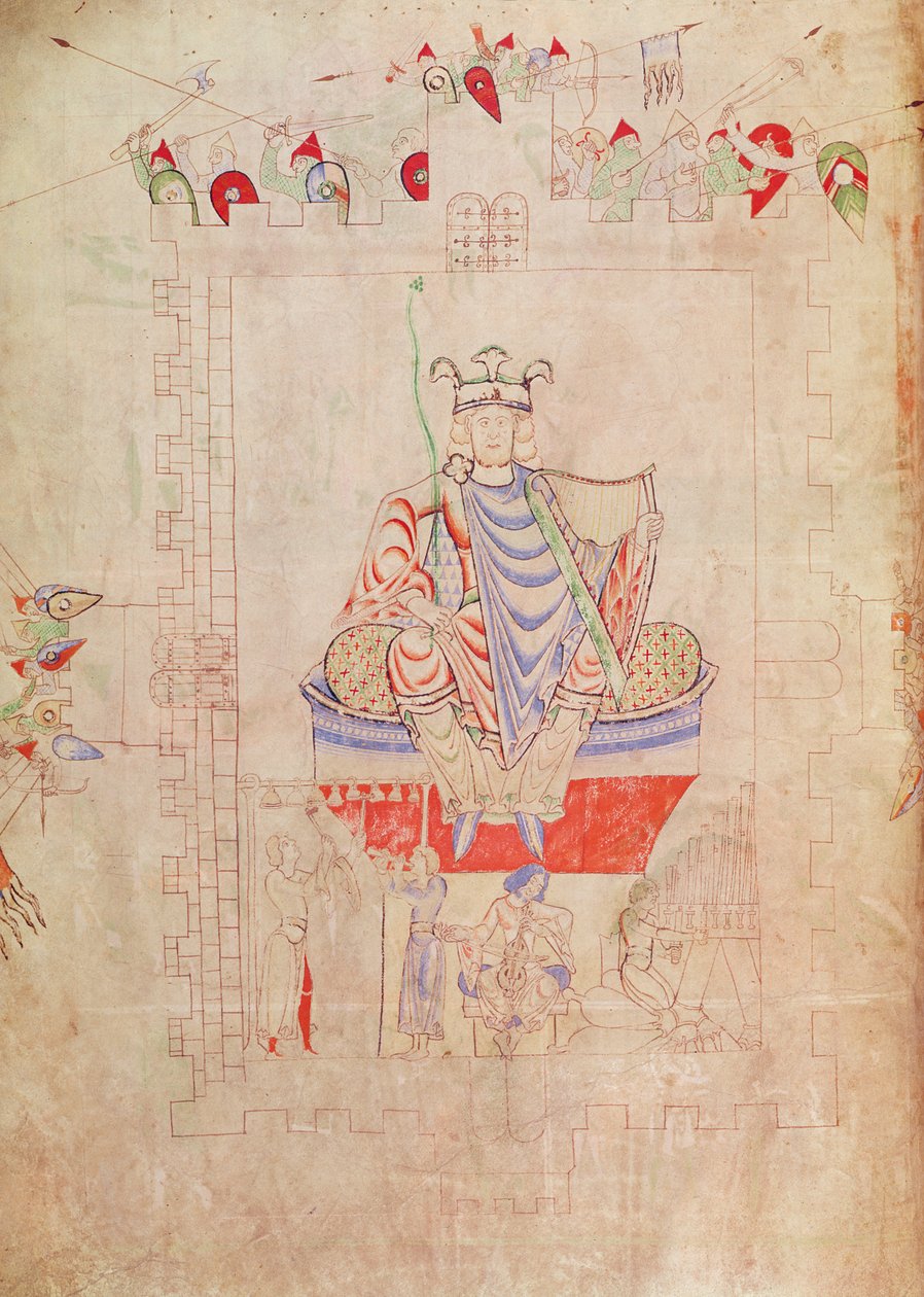 Ms. 1215 t.3 fol.13v Koning David in majesteit in het centrum van Jeruzalem, 1109 door French School