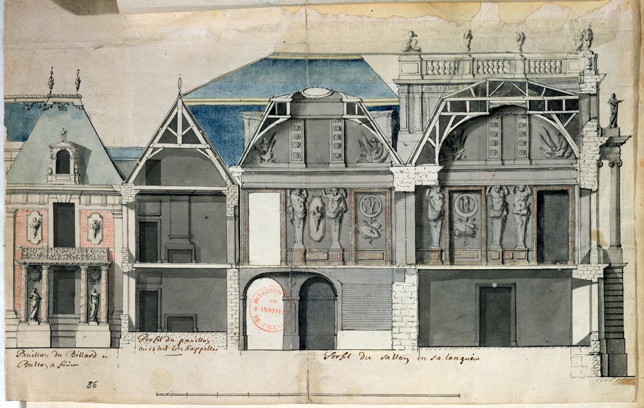 Ms 130736 Dwarsdoorsnede van een vleugel van het Kasteel van Versailles gebouwd door Louis Le Vau door French School
