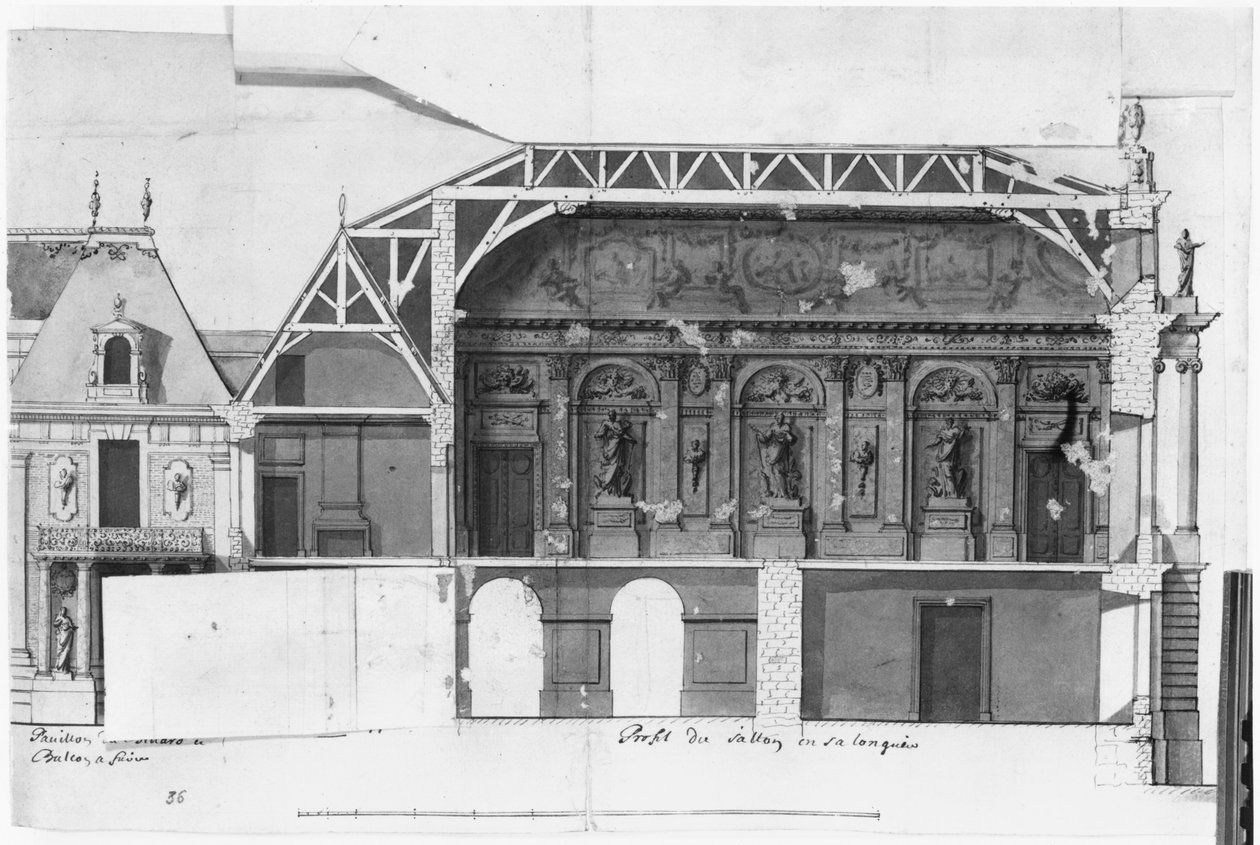 Ms 130736 Zuid-noord doorsnede van de Grand Salon en de Salle de Diane van het Kasteel van Versailles gebouwd door Louis Le Vau (1612-70) door French School