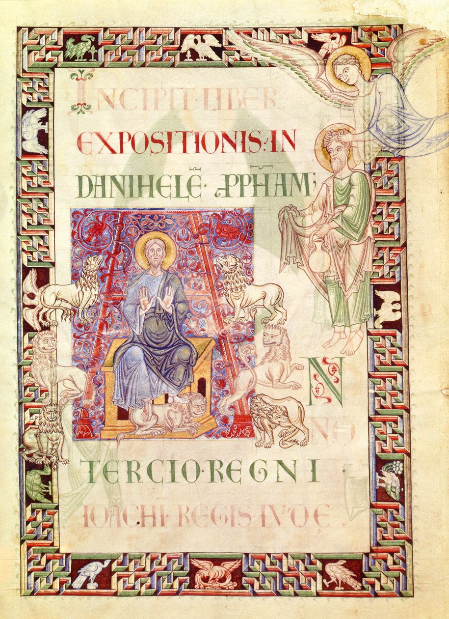 Ms 132 f.2v Daniël in de leeuwenkuil gevoed door Habakuk, uit Explanatio in Prophetas et Ecclesiasten door St. Jerome door French School