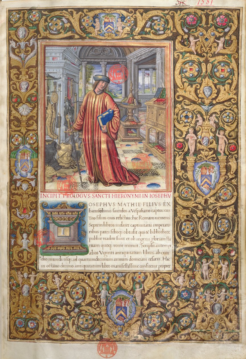 Ms. 1581 f. 001 Flavius Josephus in zijn studeerkamer, illustratie voor de Proloog van de Oudheden van de Joden (Antiquitates Judaicae) door Flavius Josephus, ca. 1503 door French School