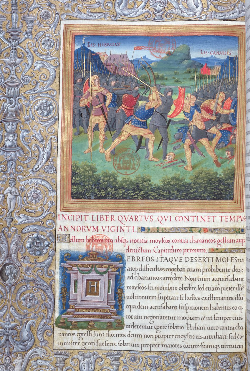 Ms. 1581 f. 071 Illustratie uit Boek IV (Van de afwijzing van die generatie tot de dood van Mozes), Hoofdstuk 1 van de Oudheden van de Joden (Antiquitates Judaicae) door Flavius Josephus - Gevecht van door French School