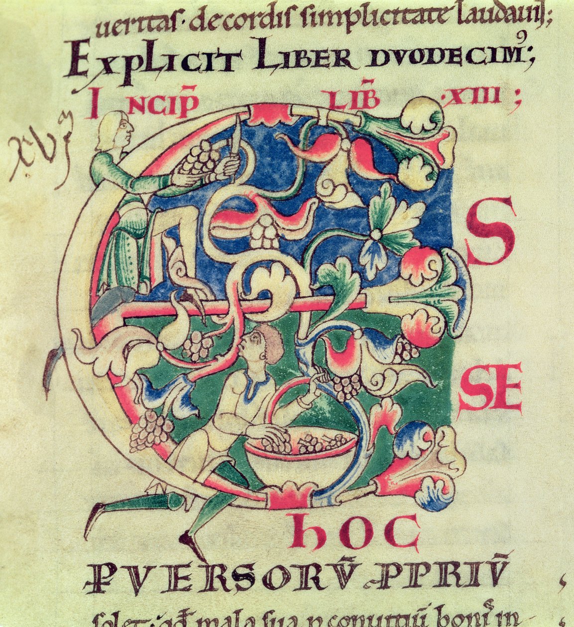 Ms 173 f.32 Geïllustreerde initiaal E die de druivenoogst afbeeldt, uit Moralia in Job door paus Gregorius de Grote door French School