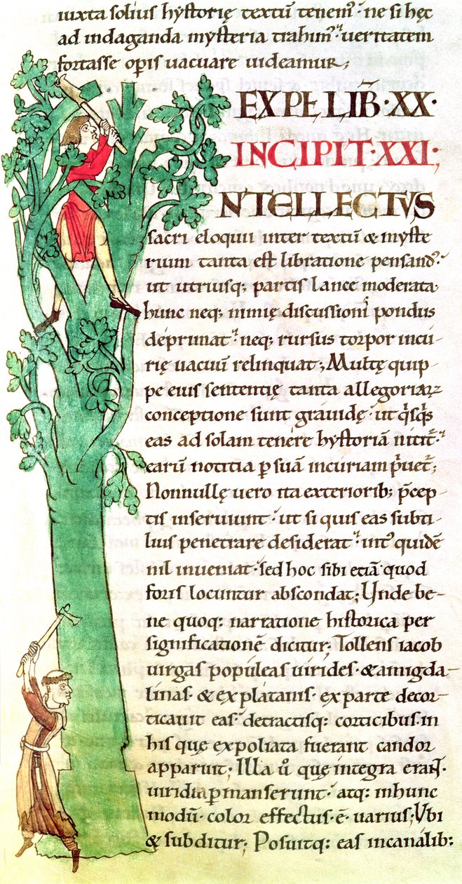 Geïllustreerde initiaal I met een monnik en een leek die een boom snoeien, uit Moralia in Job door Paus Gregorius de Grote door French School