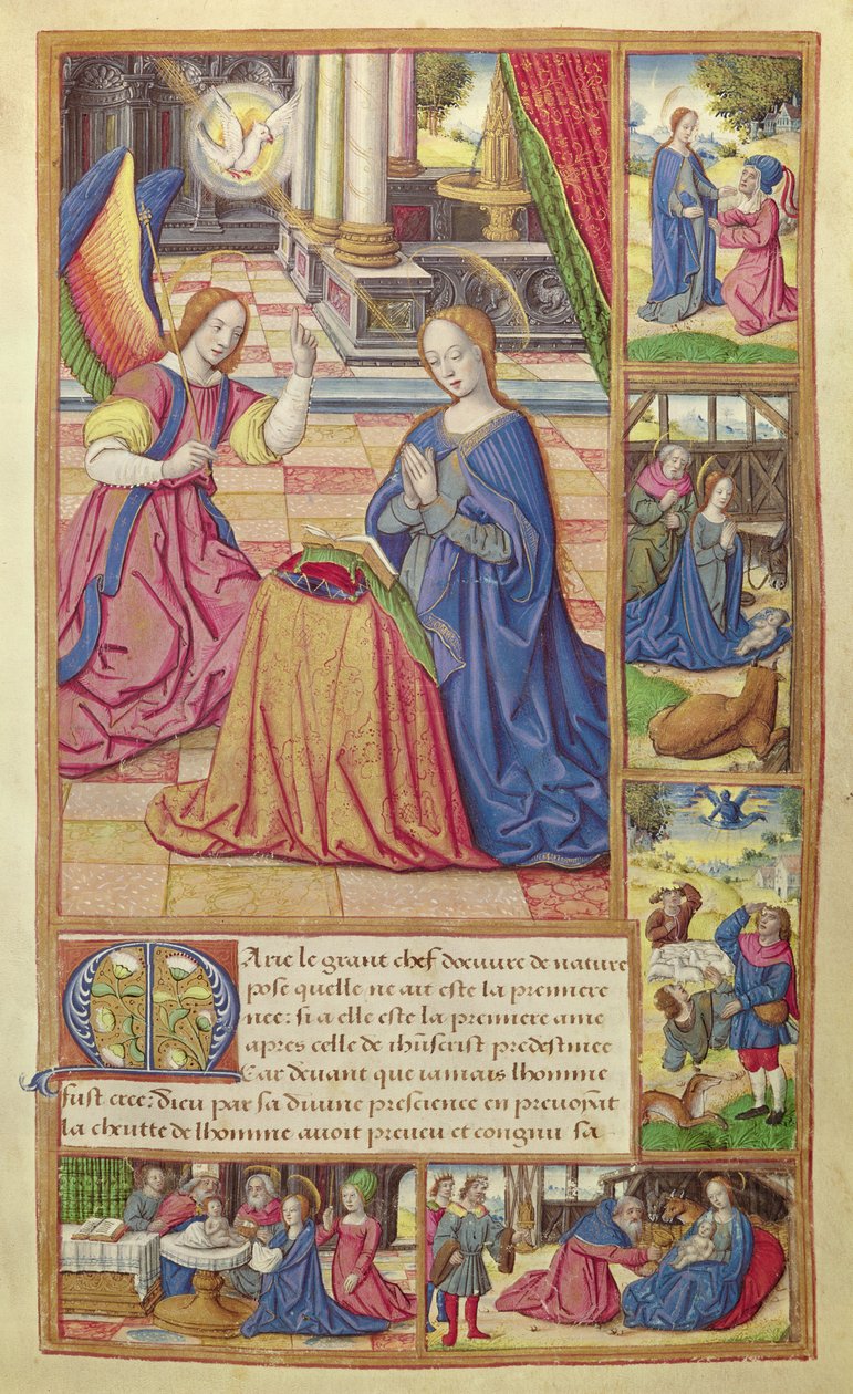 Ms 17 fol.2 De Aankondiging en de Kindertijd van Christus, uit Vie des Femmes Celebres, ca. 1505 door French School