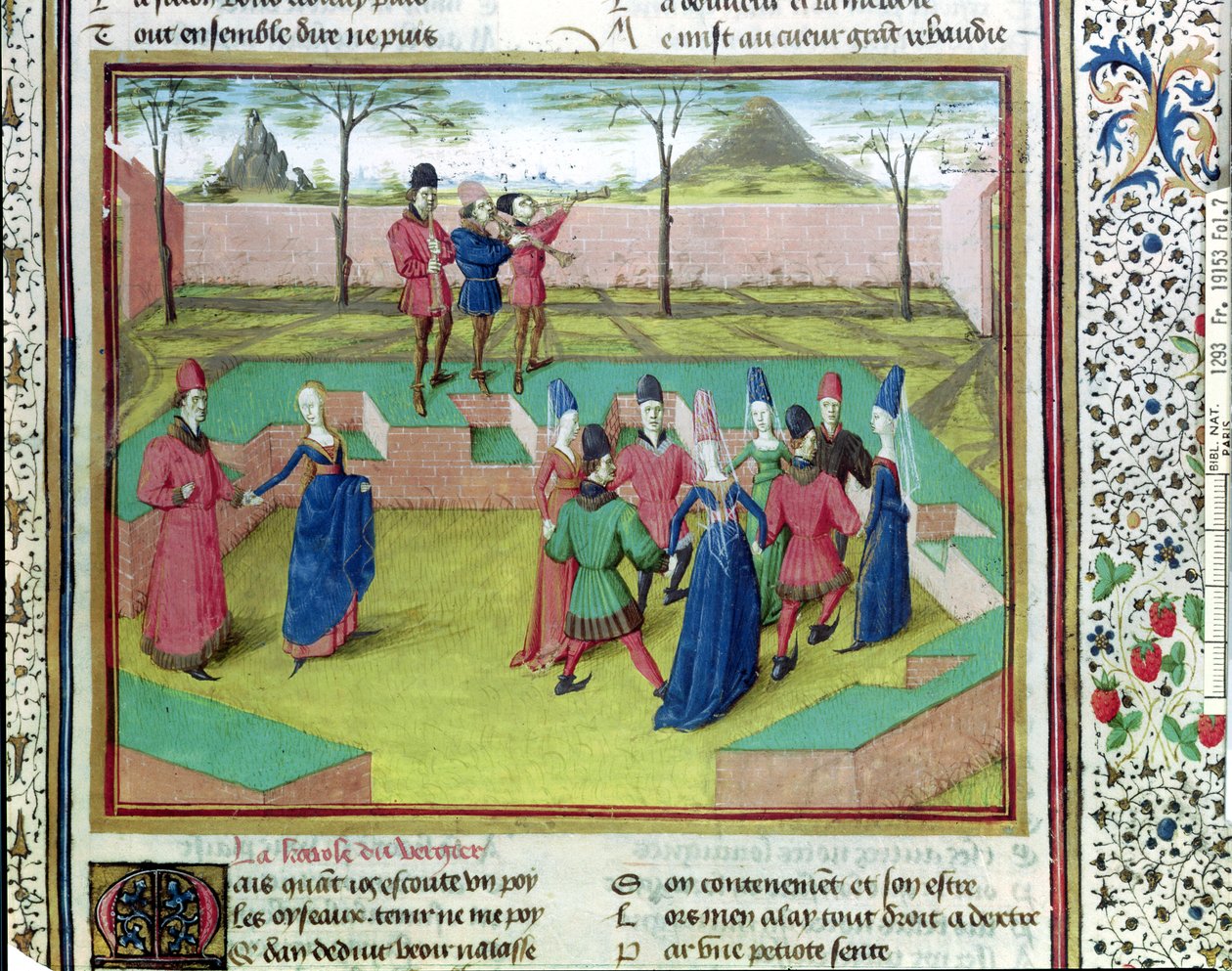 Ms 19153 f.7 Een carole in de boomgaard, illustratie uit Le Roman de la Rose door Jean de Meung, ca. 1460 door French School