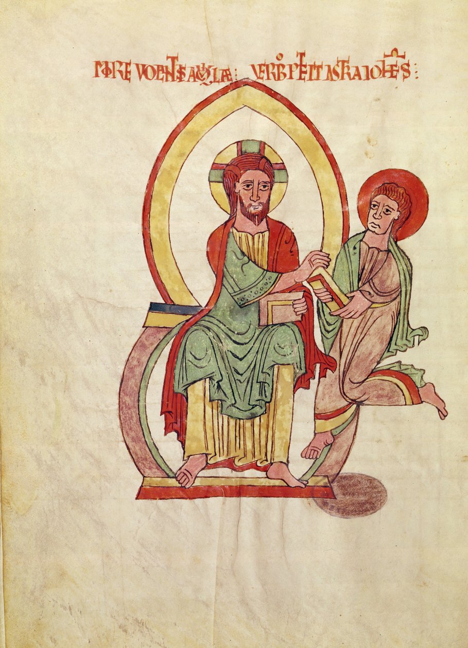 Ms. 1 Fol 111v Sint Jan rent om het Evangelie van Christus te ontvangen, zittend in een mandorla, miniatuur uit het Evangelie van Saint-Michel-de-Cuxa, c.1070-1130 door French School