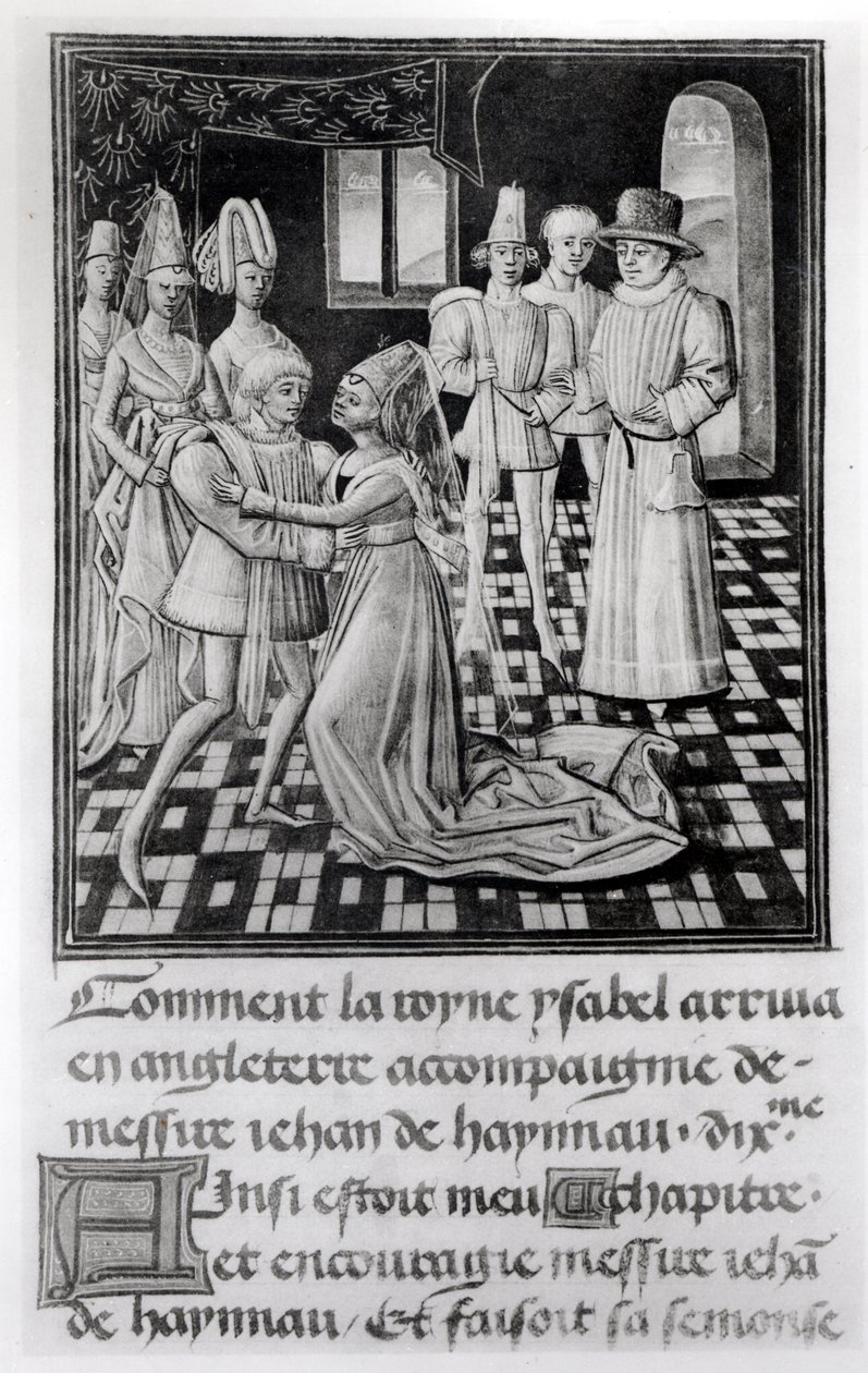 Isabella van Frankrijk, koningin van Engeland, neemt afscheid van Willem I, graaf van Henegouwen, uit Froissarts Kroniek door French School