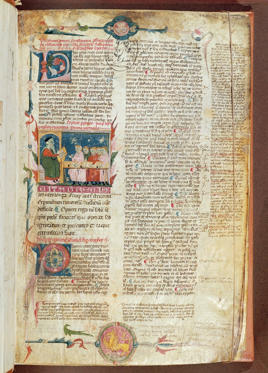 Ms. 2046 fol. 1 Instructiescène, eerste pagina van Aforismen door Hippocrates met commentaren door Galenus door French School