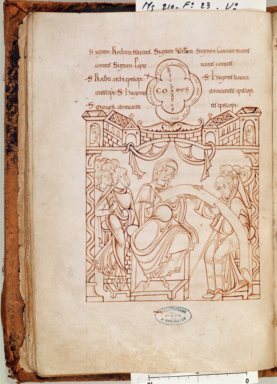 Ms 210 fol.23v De Donatie van Gonnor, Hertogin van Normandië, aan het klooster van Mont Saint-Michel, uit het Cartulaire de Mont-Saint-Michel, 1150s door French School