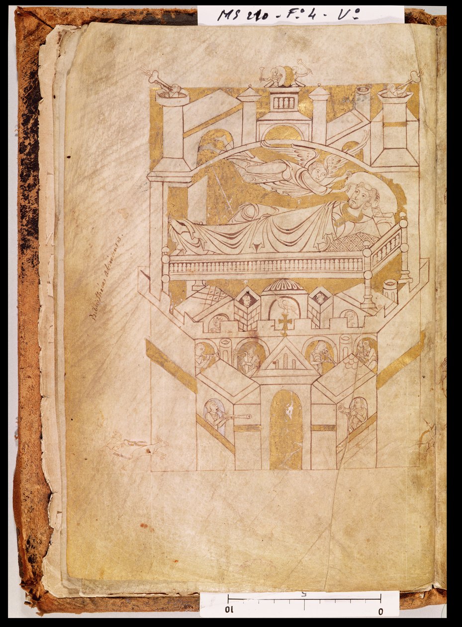 Ms 210 fol.4v De Visie van Sint Aubert, uit het Cartulaire de Mont-Saint-Michel, 1150s door French School