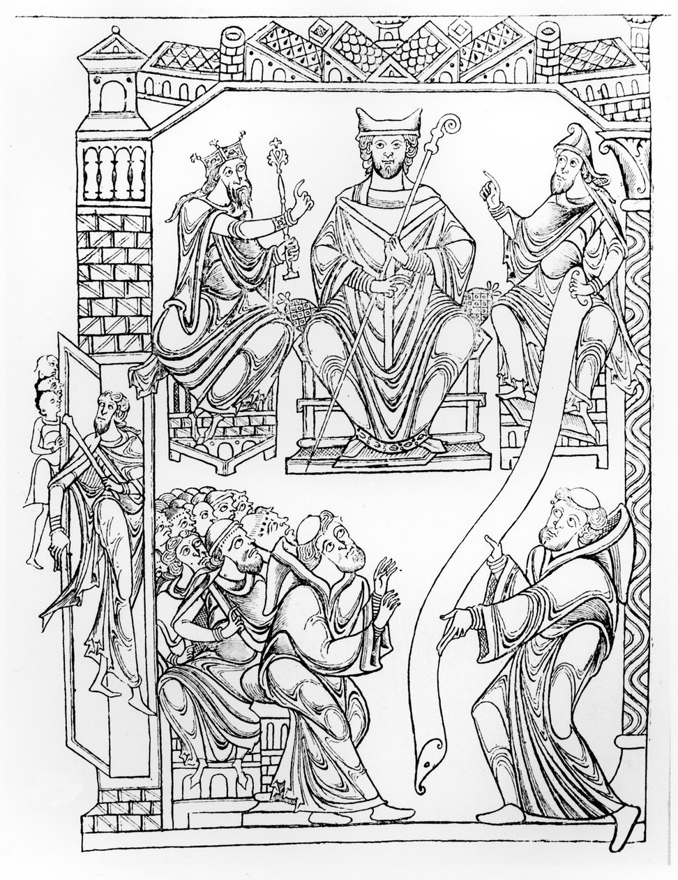 Ms 210 fol 19v. Cartularium van Mont Saint-Michel: Hertog Richard II van Normandië schenkt land en privileges aan het klooster van Mont St. Michel (gravure naar een tekening uit de jaren 1150) door French School