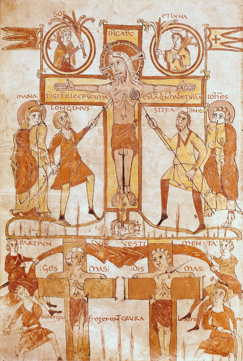 Ms 24 fol.7v De kruisiging en de verdeling van de kleren van de Verlosser, uit een evangelie door French School