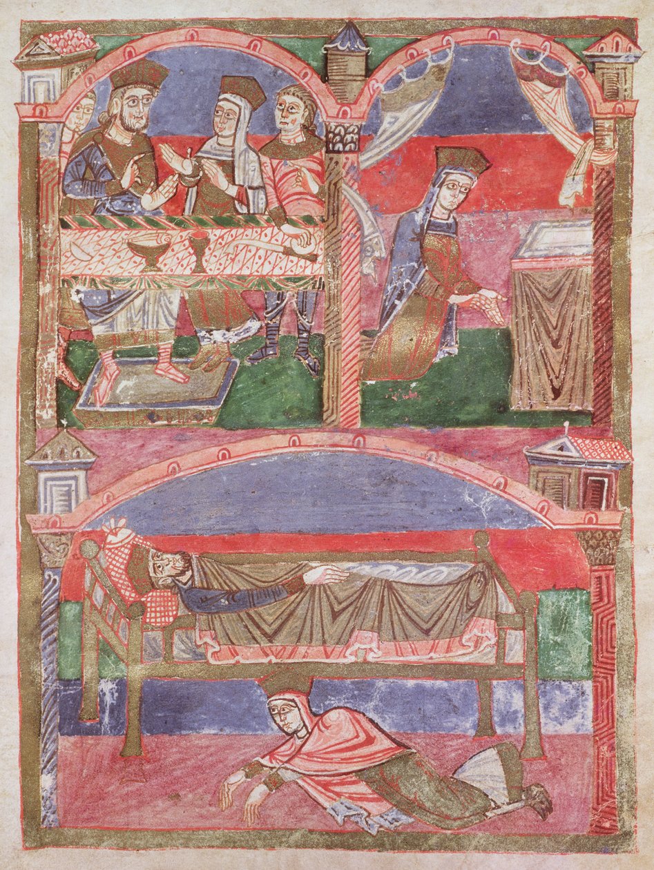 St. Radegund (518-87) aan de tafel van Clothar I (497-561), in haar oratorium en aan de voeten van het koninklijk bed, uit het Leven van St. Radegund door French School